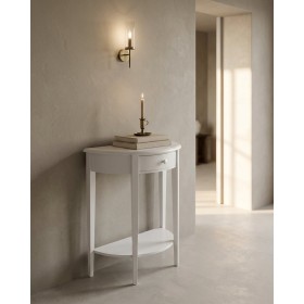 Consolle semicircolare in legno laccato bianco con cassetto e ripiano