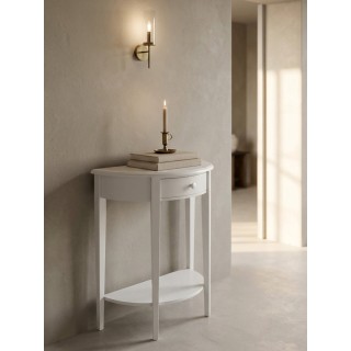 Consolle semicircolare in legno laccato bianco con cassetto e ripiano