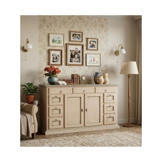 Credenza arte povera 2 ante, 3 cassetti e 6 cassettoni laterali avorio antico