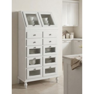 Dispensa in legno laccato bianco con 2 ribalte e 10 cassetti