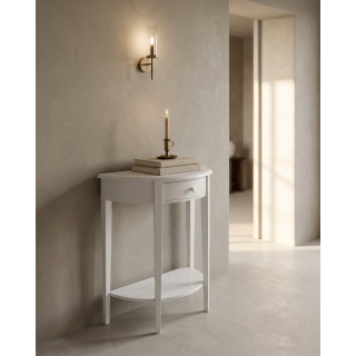 Consolle semicircolare in legno laccato bianco con cassetto e ripiano