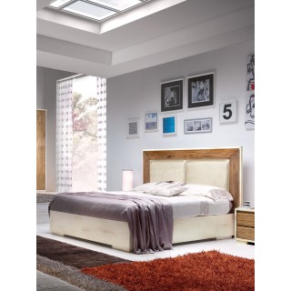 Letto matrimoniale con contenitore e testata imbottita in legno di pioppo marrone – Linea Terra