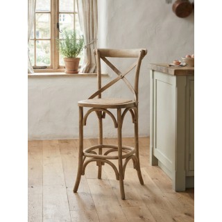 Sgabello alto in legno di olmo naturale con seduta in rattan – Stile country chic