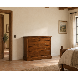 Comò 5 cassetti in legno lucidato noce con base piena –  Stile Bassano