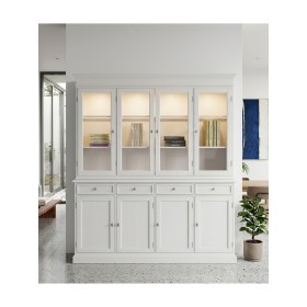Credenza con vetrina in legno laccato bianco con 4 ante e 4 cassetti