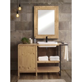 Mobile bagno 1 anta in legno massello di abete spazzolato naturale con gamba in ferro e top in mineral marmo